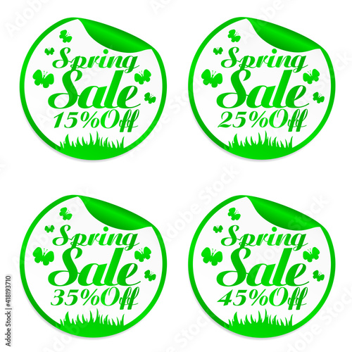 Spring design stickers set 15%, 25%, 35%, 45% off with butterflies. Vector illustration