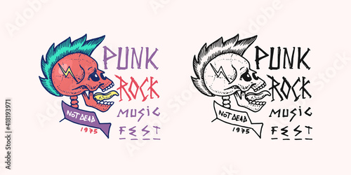 Punk skull with mohawk and lightning badge. Rock and Roll music logo. Heavy metal template for design t-shirt, night party and festival. Hand drawn Engraved vintage sketch.