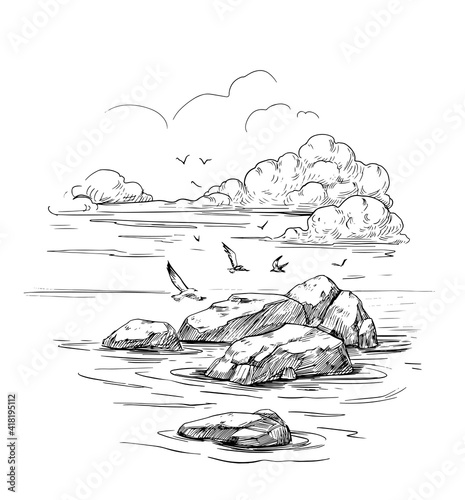 Seascape sketch. Sea, rocks, seagulls, landscape. Hand drawn illustration converted to vector. Black outline on transparent background