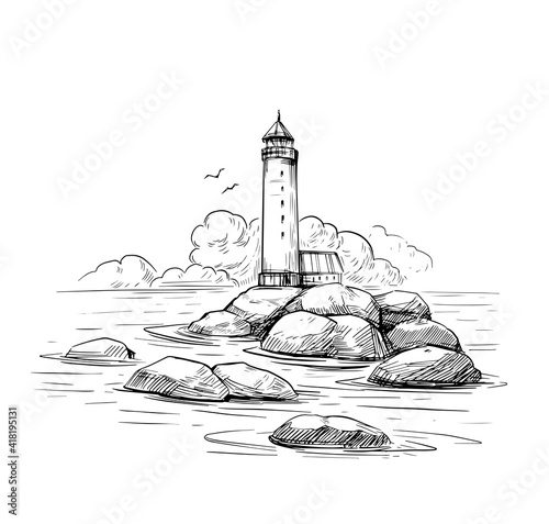 Seascape sketch. Lighthouse, sea, rocks. Hand drawn illustration converted to vector. Black outline on transparent background