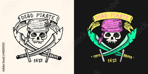Pirate skull on the background of daggers or swords logo. Jolly roger or Corsair. Marine and nautical or sea, ocean emblem for sticker or t-shirt. Engraved hand drawn, old label or badge.