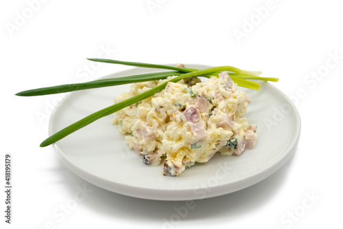 Rice salad with ham and green onions