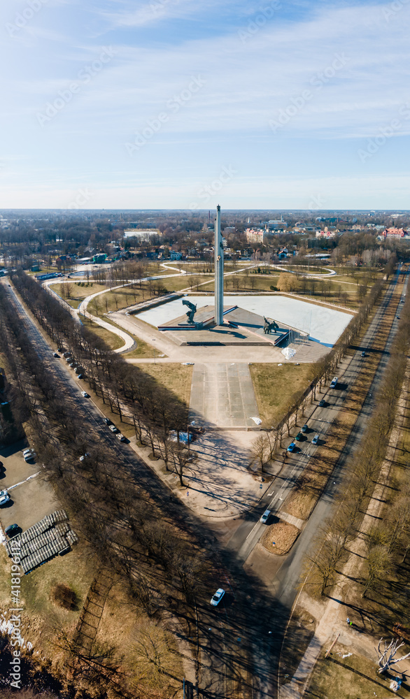 World War II Victory Monument to Soviet Army in Riga. Victory park in Riga, Latvia. Victory monument. View from above. Panorama of the city.