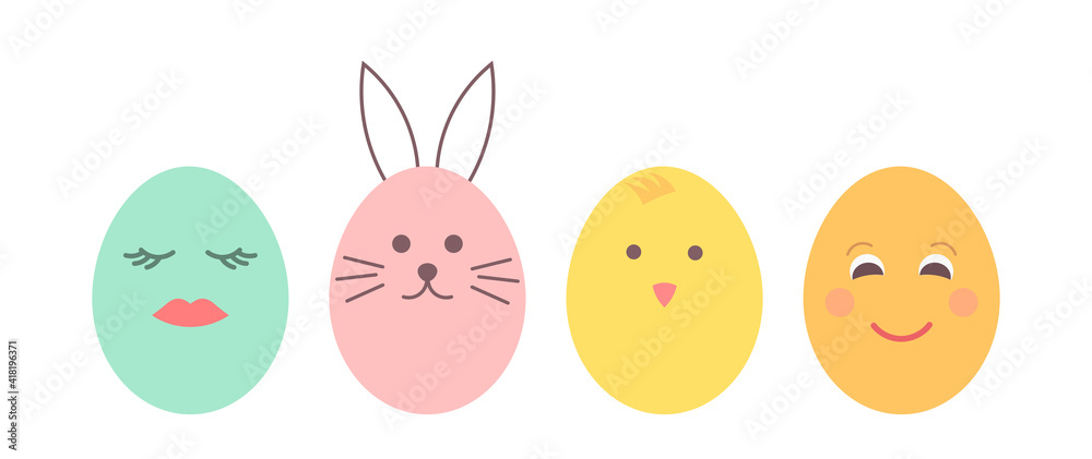 Easter eggs with painted faces. Cute Easter chick and bunny. Easter eggs with painted faces. Cute Easter chick and bunny.