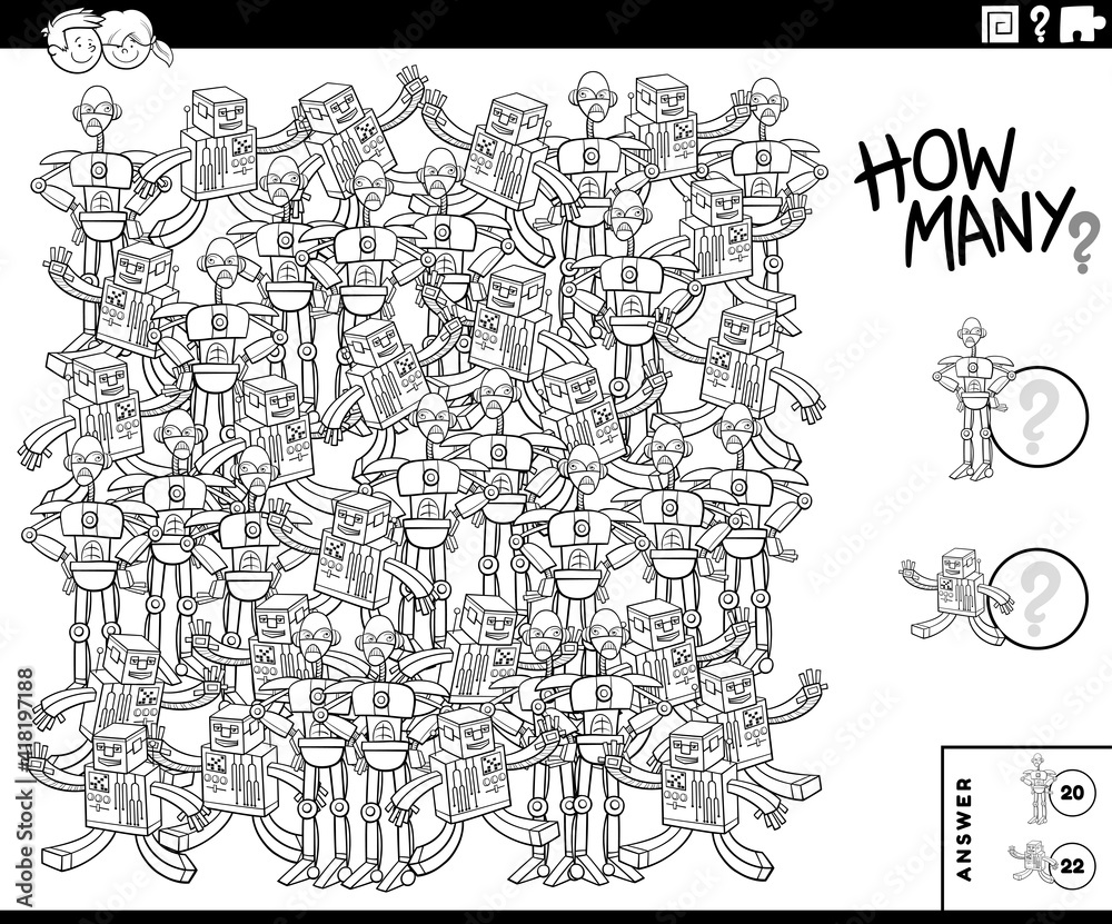 Fototapeta premium counting cartoon robots educational game color book page