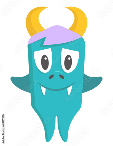 Cute monster with horns. Fictional character in cartoon style.