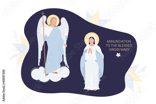 Annunciation to the Blessed Virgin Mary. Virgin Mary in a blue maforia prays meekly And the Archangel Gabriel with a lily. Vector. for Christian and Catholic communities, postcard religious holiday 