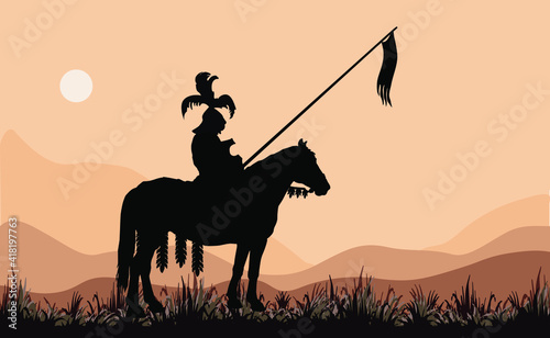 black silhouette of a medieval knight on a horse, against the sky