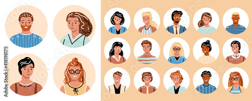 People avatar big bundle. Set of different person portrait of diverse business team isolated on white background. Man and woman faces at round frame. Vector flat style cartoon illustration