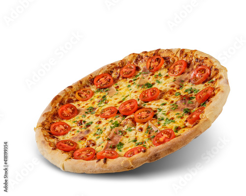 Pizza with cheese and tomato sauce isolated on white background. fresh cherry tomato topping.