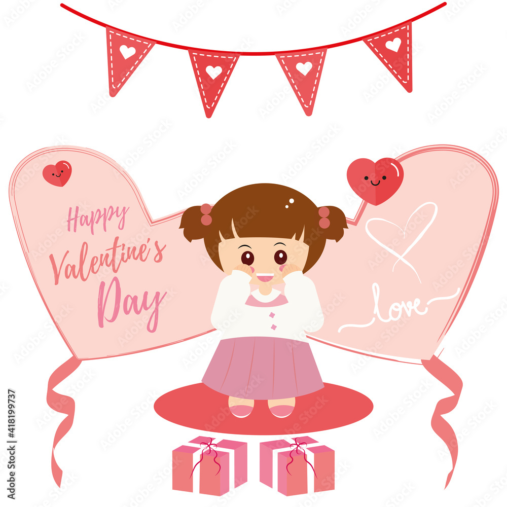 Obraz premium Happy valentines day card. Sweet girl with gift boxes - Vector