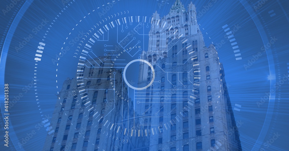 Obraz premium Scope scanning over skyscrapers on blue background