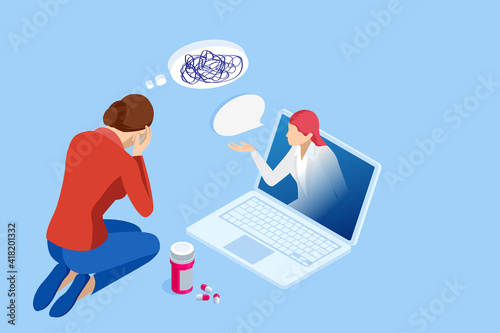 Isometric Depressed women. Online psychotherapy. Psychology, health, care, depression, frustration, medicine concept. Psyhology mental problems, depression panic attacks, paranoia anger control photo