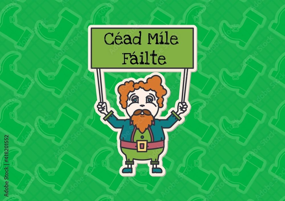 Cead mile failte text on green board held by leprechaun on green patterned background