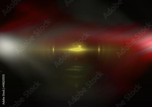 Glowing white, red and yellow spots of light and light trails over black background
