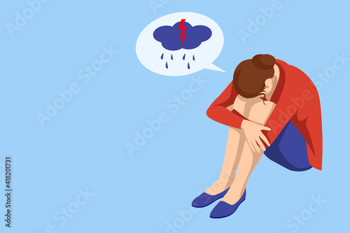 Isometric Depressed women. Psychology, health, care, depression, frustration, medicine concept. Psyhology mental problems, depression panic attacks, paranoia anger control