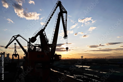 Various night views of the port, piers, terminal and cityline of the Port Jinzhou, China, September, 2020. photo