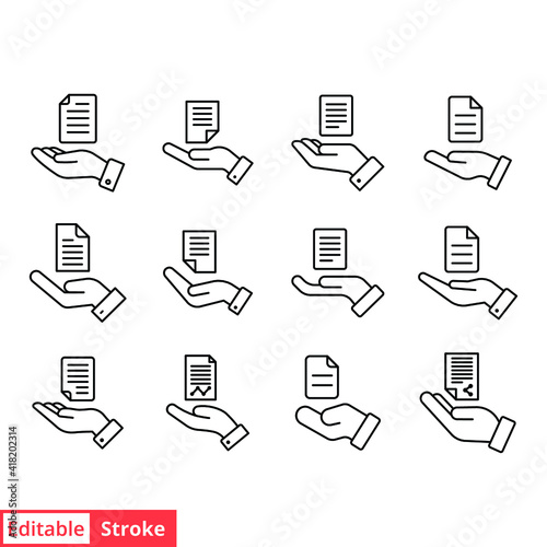 Set of document handover line icons. Outline style file symbol. Ownership, transfer, academy, business agreement concept. Vector illustration isolated on white background. Editable stroke EPS 10.