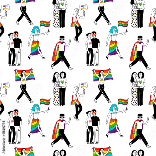 Seamless pattern with a group of people participating in a Pride Parade. Pride Month. LGBTQ 