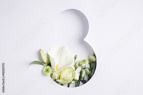 Number 8 with fresh gerbera, calla and rose flowers with green leaves on bright white background Fototapet
