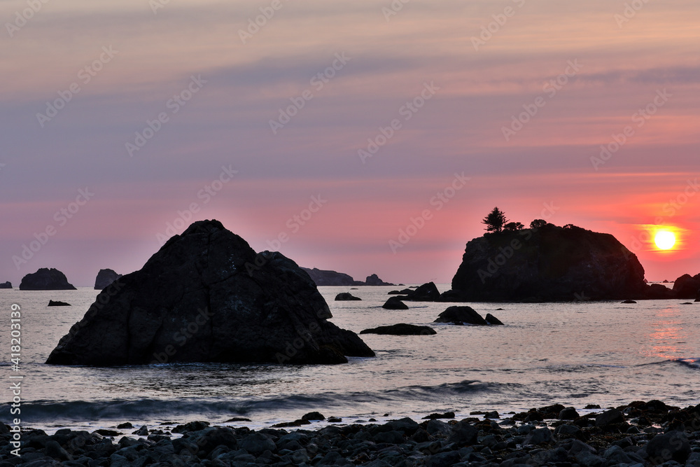 Sunset and sea stacks along Northern California coastline, Crescent City