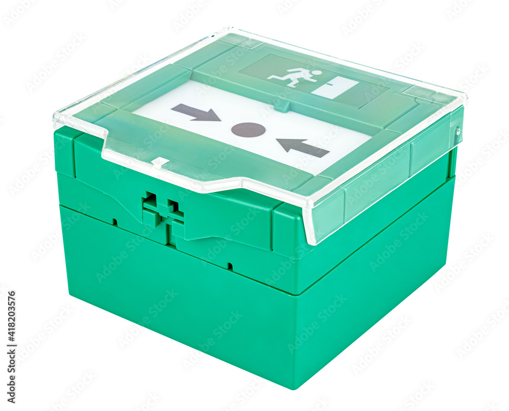 Lying green emergency door release button with closed transparent lid isolated on white background Lying green emergency door release button with closed transparent lid isolated on white background