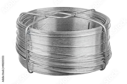 Galvanized wire coil in holder isolated on white background
