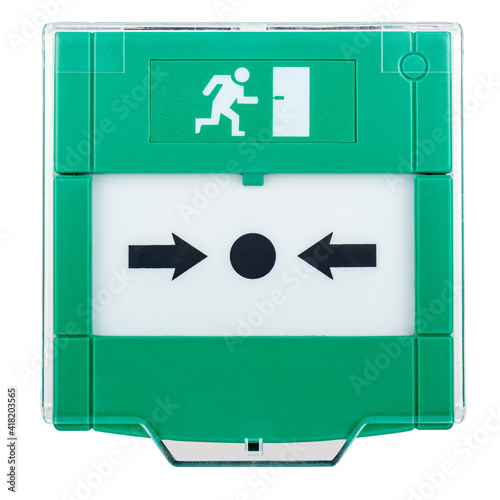 Green emergency door release button isolated on white background