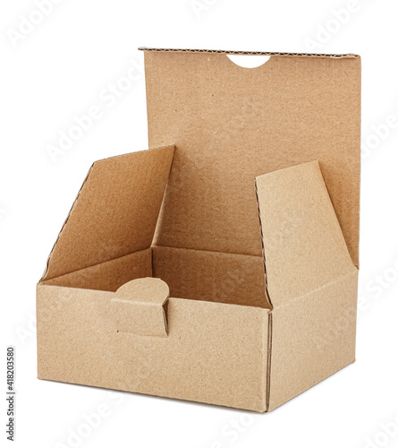 Flat square brown cardboard box with open lid isolated on white background