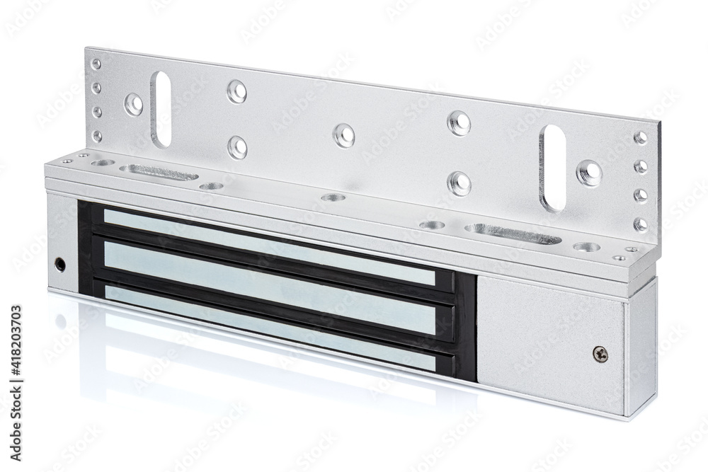 Obraz premium Electromagnetic door lock assembled with mounting plate isolated on a white background