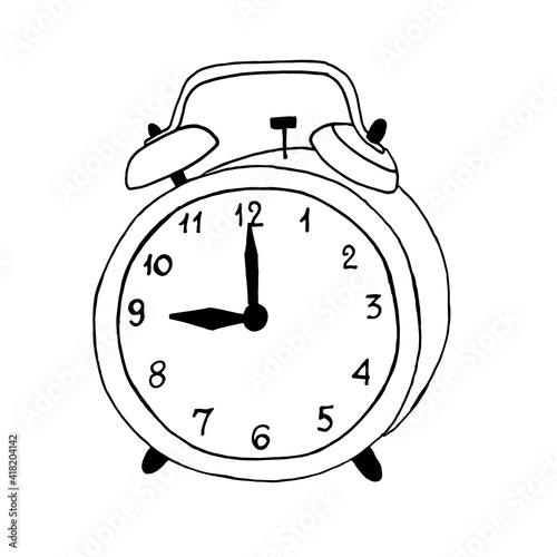 An alarm clock with a doodle-style dial. Black outline on a white background. Vector illustration.