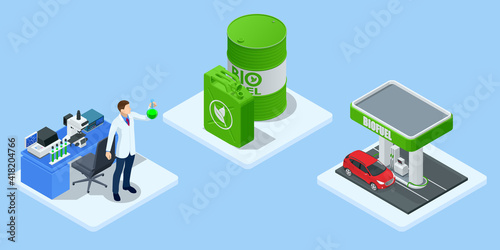 Isometric Biofuel barrels with biofuel. Green energy. Save the earth, ecology, alternative energy. Green bright Gas station pump with fuel nozzle of petrol pump