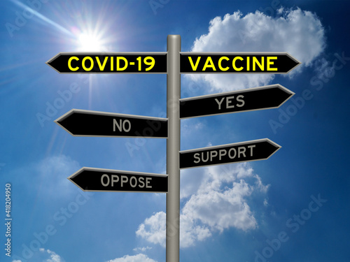 COVID-19 Vaccine yes or no, support or oppose concept 3d sign on a signpost against a blue sunny sky background