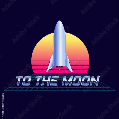 Internet stock meme vector art. Retro wave illustration of chrome text and striped sun with moon rocket launching into space. 