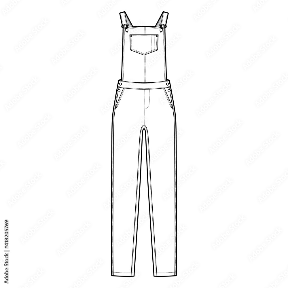 Dungaree Denim overall jumpsuit technical fashion illustration with full floor length, normal waist, high rise, pockets, Rivets. Flat apparel front, white color style. Women, men unisex CAD mockup Dungaree Denim overall jumpsuit technical fashion illustration with full floor length, normal waist, high rise, pockets, Rivets. Flat apparel front, white color style. Women, men unisex CAD mockup