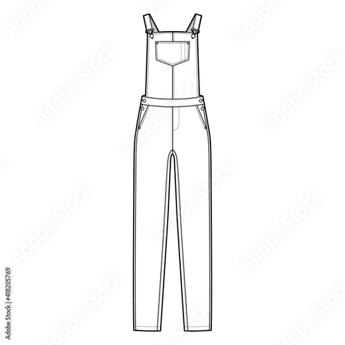 Dungaree Denim overall jumpsuit technical fashion illustration with full floor length, normal waist, high rise, pockets, Rivets. Flat apparel front, white color style. Women, men unisex CAD mockup