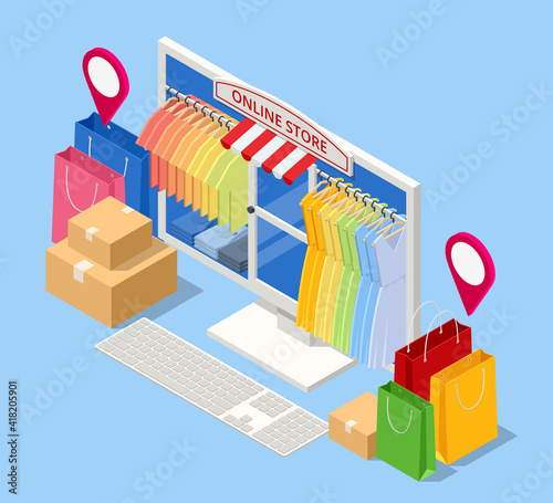 Isometric Smart phone online shopping, clothing store concept. Online shopping e-commerce. Modern shopping app on smart phone. Buying clothes on web site or app.