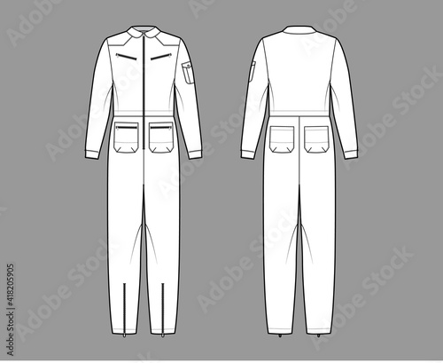 Aviator jumpsuit overall dungarees technical fashion illustration with full length, normal waist, zipper pockets, oversized. Flat apparel front back, white color style. Women, men unisex CAD mockup