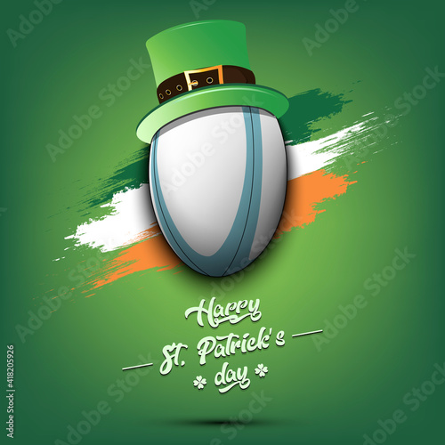Happy St. Patricks day. Rugby ball in leprechaun hat the background of the Irish flag. Pattern for greeting card, logo, banner, poster, party invitation. Vector illustration