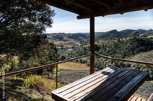 View from the gazebo of a large Lavender field plantation cultivated on hillside inside "O Contemplario" farm, in the mountainous region of Cunha.