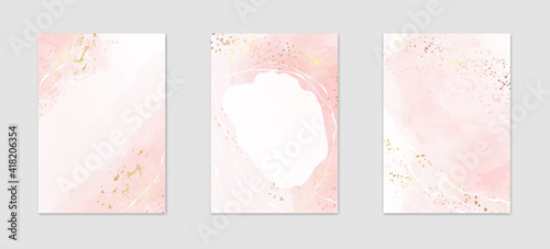 Collection of abstract dusty pink liquid watercolor background with golden stains. Pastel marble alcohol ink drawing effect. Vector illustration design template for wedding invitation