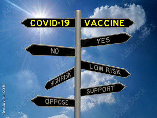 COVID-19 Vaccine yes or no, high risk or low risk, support or oppose concept 3d sign on a signpost against a blue sunny sky background