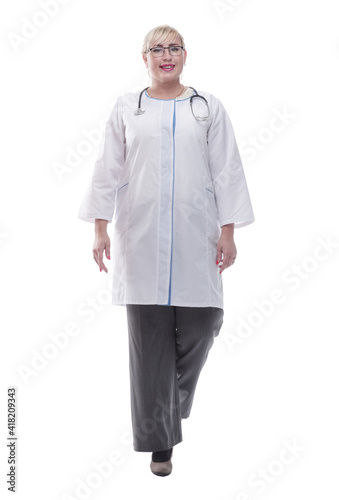 confident woman doctor goes to help. isolated on a white