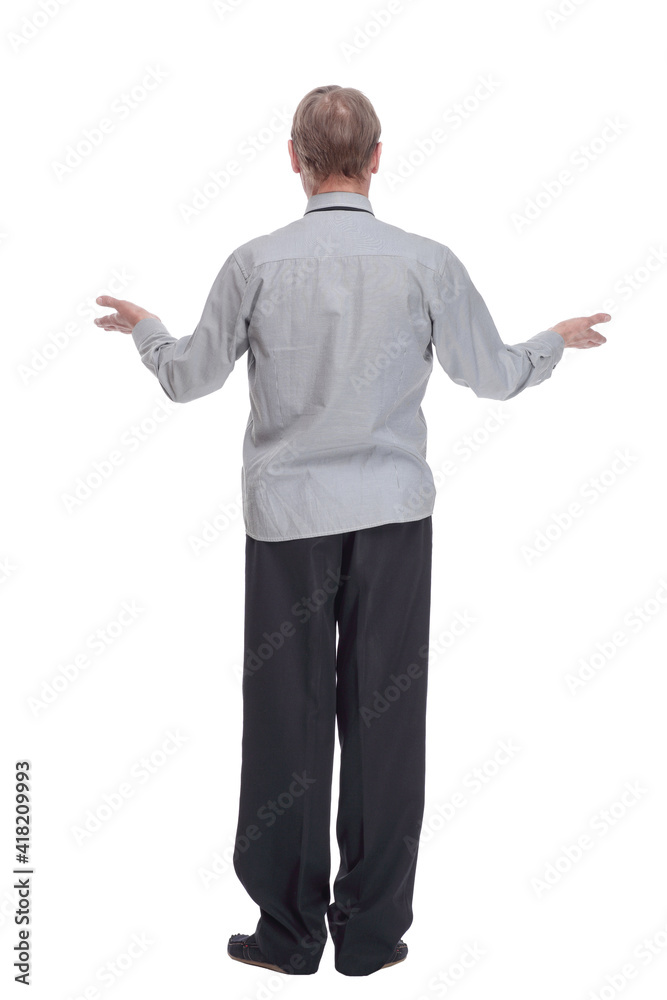 surprised man reading an ad on a white screen. surprised man reading an ad on a white screen.