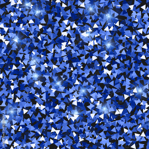 Glitter seamless texture. Adorable blue particles. Endless pattern made of sparkling triangles. Flaw