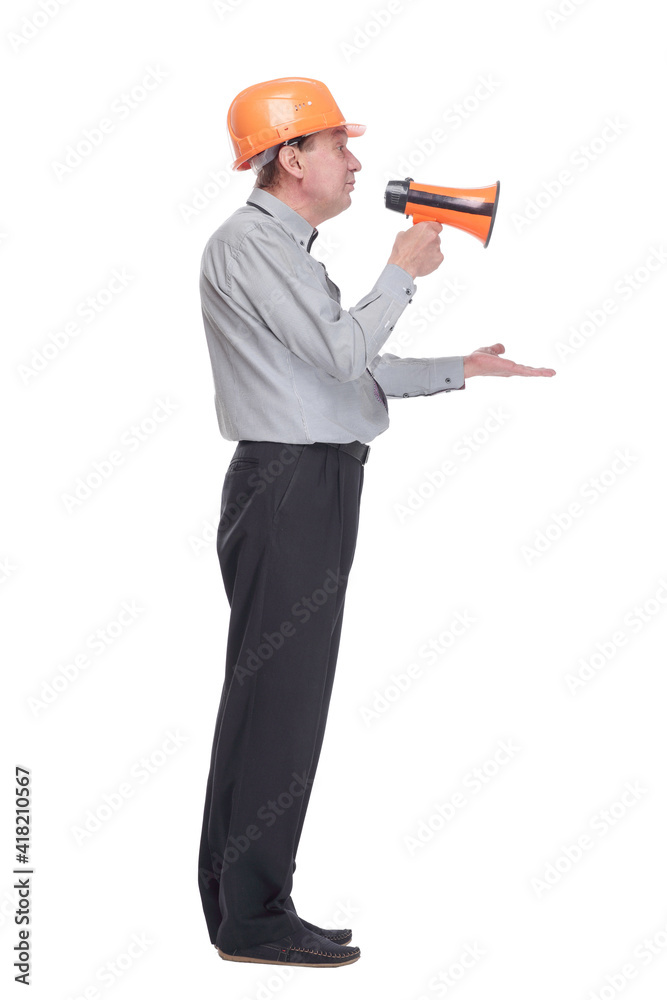 side view. senior architect making an announcement via megaphone . side view. senior architect making an announcement via megaphone .