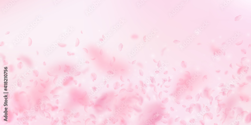 Sakura petals falling down. Romantic pink flowers falling rain. Flying petals on pink wide backgroun