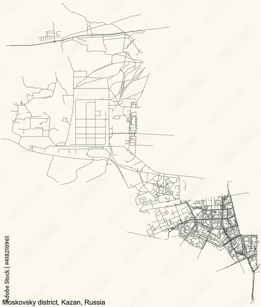 Black simple detailed street roads map on vintage beige background of the quarter Moskovsky district (raion) of Kazan, Russia