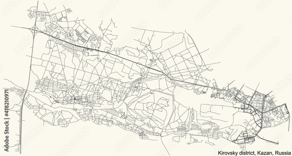 Black simple detailed street roads map on vintage beige background of the quarter Kirovsky district (raion) of Kazan, Russia
