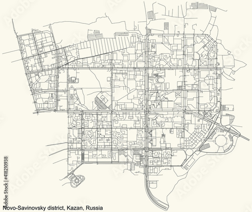 Black simple detailed street roads map on vintage beige background of the quarter Novo-Savinovsky district (raion) of Kazan, Russia